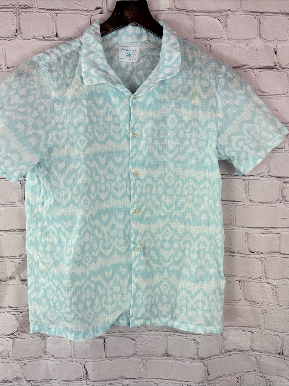 Ginger snaps Short Sleeve Button-up cotton Shirt boys 14 Blue Ikat lightweight